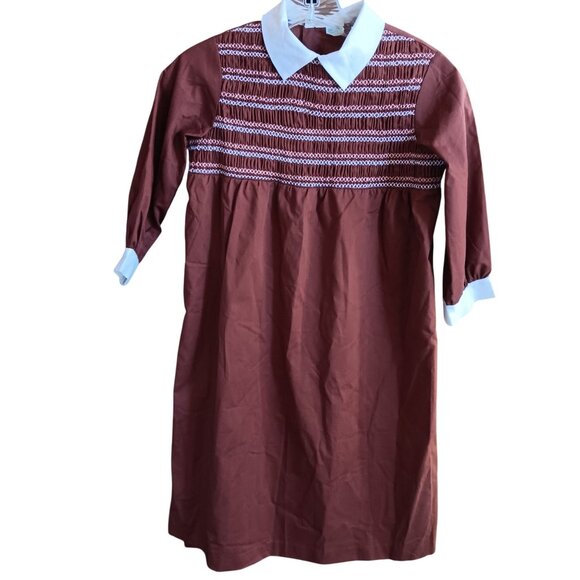 Vintage Girls 8 Dress 1970's J.C. Penney Brown Smocked White Collar & Cuffs Mod - Picture 1 of 6